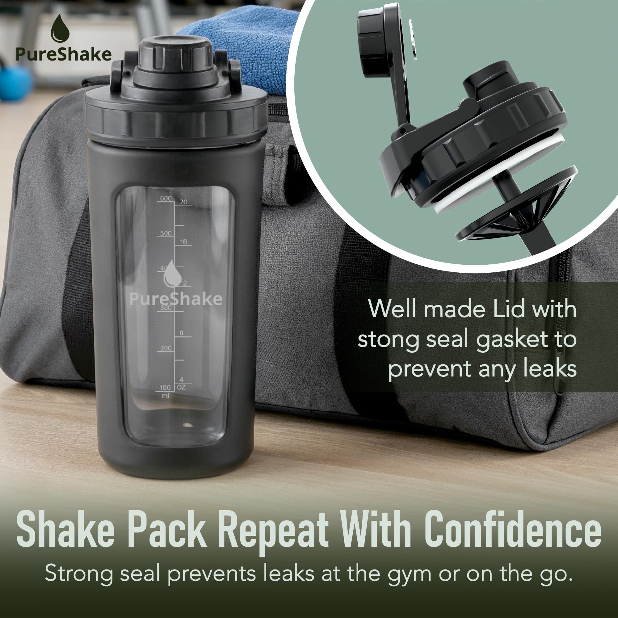 Paddi Glass Shaker Bottle for Protein - Odorless, BPA Free, Leak-Proof - 20 OZ | Graduated Ideal Fitness, Milkshake and Smoothies