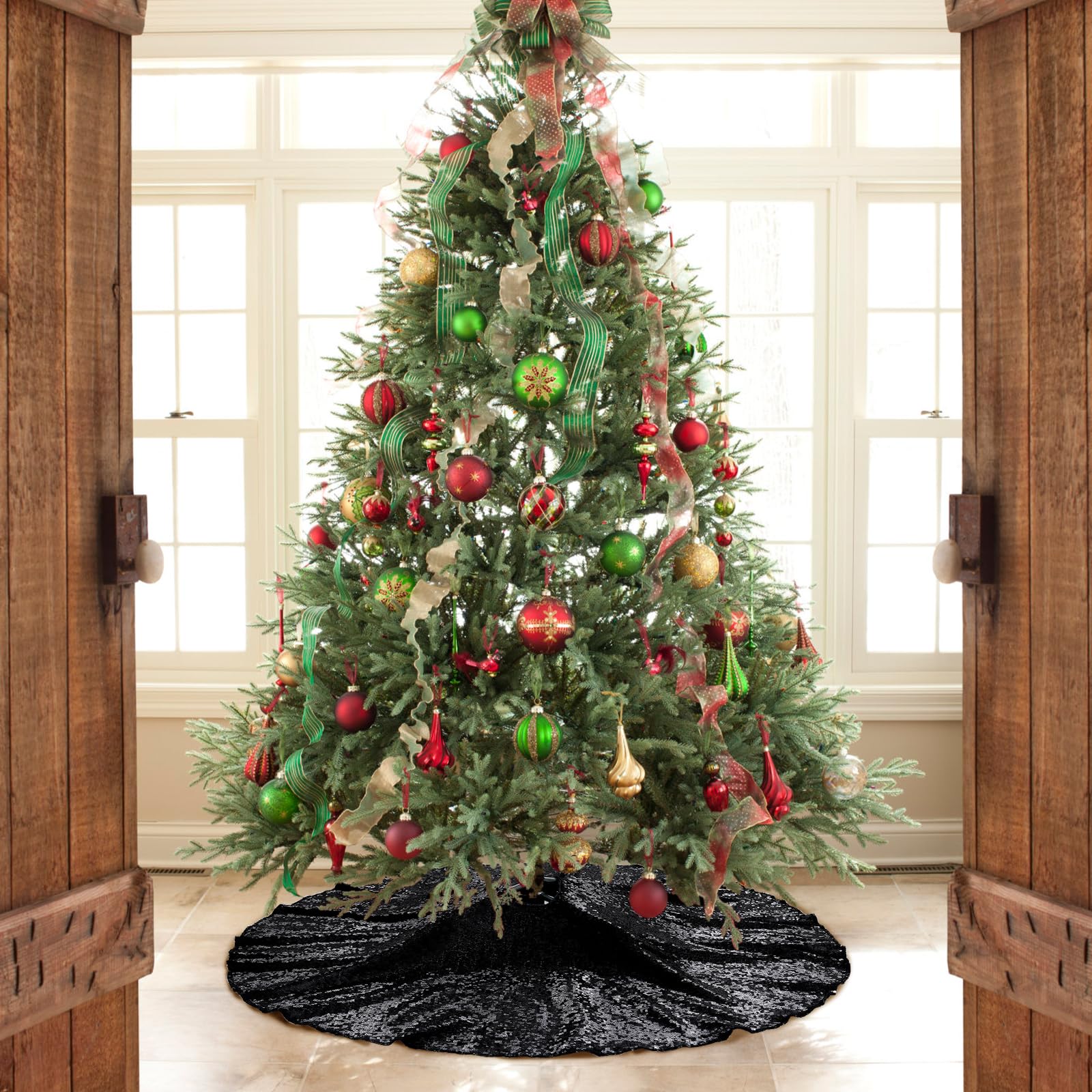 Poise3EHome Black Christmas Tree Skirt, 36 Inch Sparkle Sequin Mat for 6ft Tree Halloween Xmas Party Decor