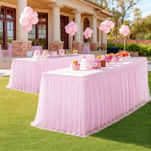 4 Pack Pink Table Cloth for 6 Foot Rectangle Tables, Pink Stretch Fitted Tulle Table Covers Skirt, Rectangular Ruffle Tutu Tablecloth Wedding Banquet Baby Shower Cake Tablecloths Decorations