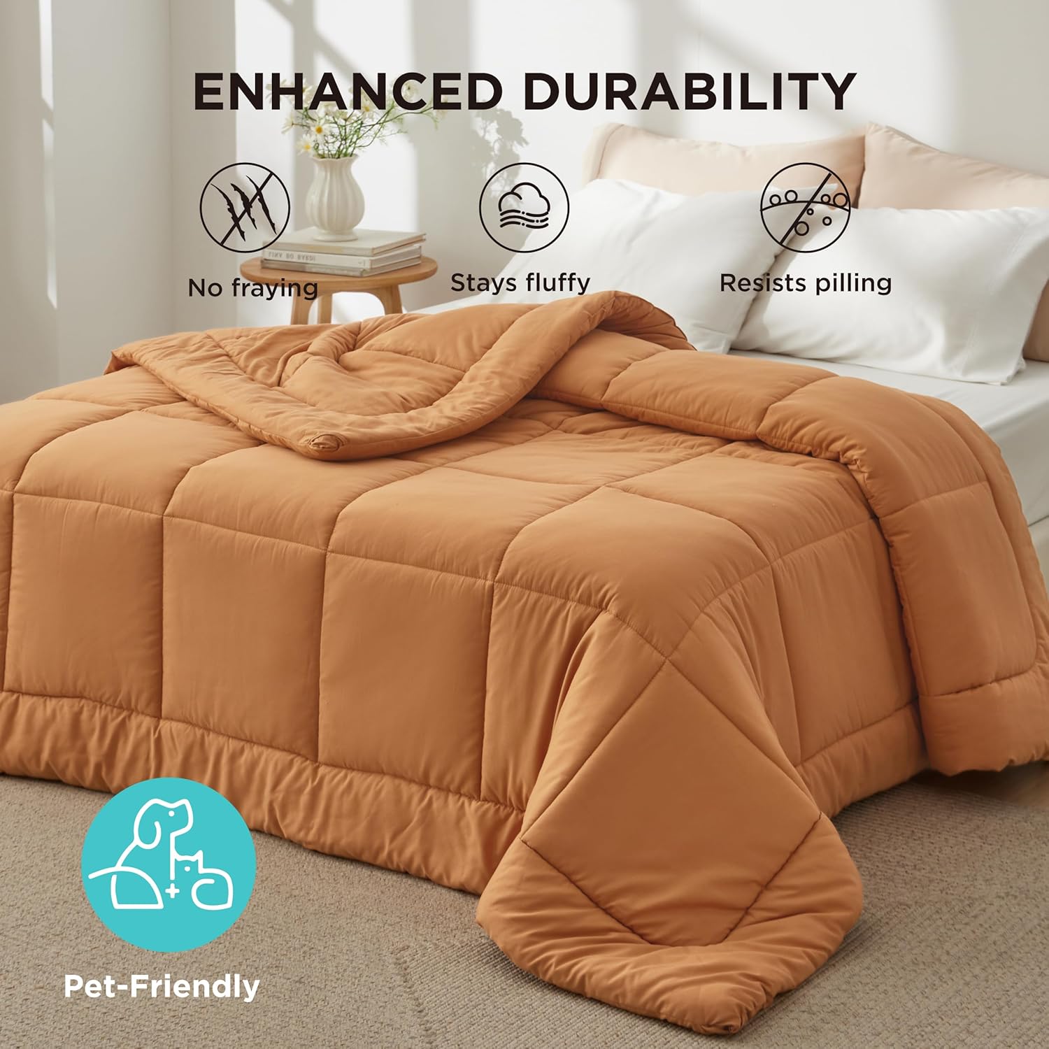 Bedsure Comforter Duvet Insert - Twin Size All-Season Quilted Down Alternative Bedding | GentleSoft, Burnt Orange 88 x 68 Inches