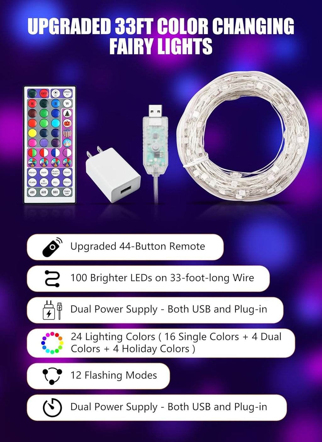 Minetom Color Changing Fairy String Lights - 33 ft, 100 LED, 24 Colors, USB Silver Wire with Remote & Timer
