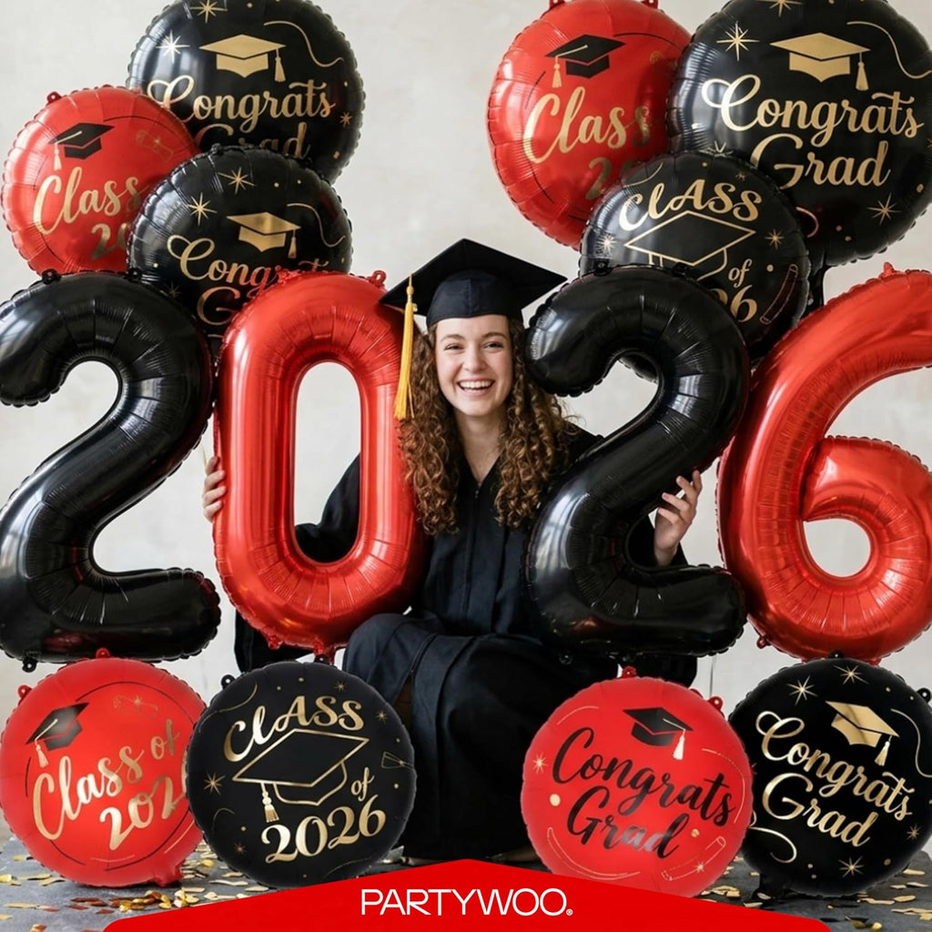 PartyWoo Graduation Balloons - Class of 2026 Black, Red & Gold Foil Number Balloons | 12pcs, 40 Inch & 18 Inch Mylar Decor