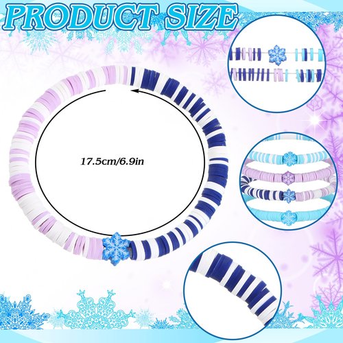 Huquary Snowflake Bracelets Winter Wonderland Party Favors Galentine's Day Gifts Snowflake Birthday Supplies Prize Stretch Adjustable Blue Purple Friendship Clay Bracelet for Birthday Goodie Bag Decor