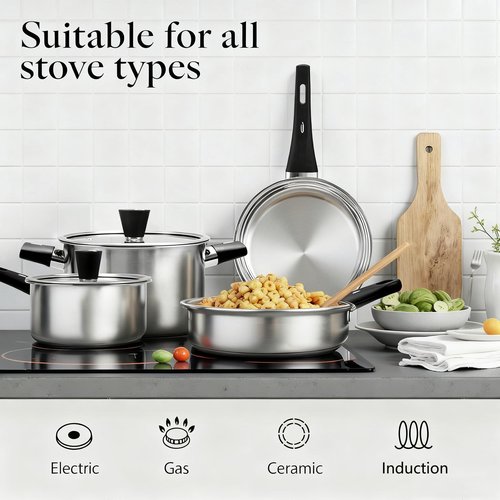 ASKSCICI Stainless Steel Cookware Set, 14-Piece Pots and Pans Set, Kitchen Cookware Set with Stay-Cool Handle, Non-Toxic, Dishwasher Safe & Compatible with All Stovetops (Gas, Electric & Induction)
