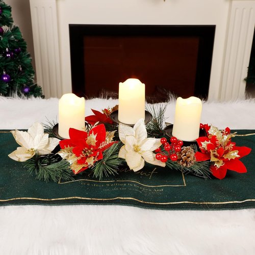 FORUP Christmas Centerpiece - Elegant Poinsettia Design with 3 Flameless Candles | Perfect for Holiday Table Decor