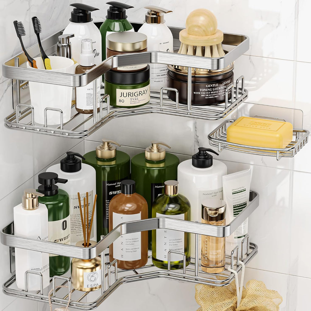 MAXIFFE X-Large Corner Shower Caddy - Sturdy Stainless Steel Organizer with Soap Holder | Easy Install, Holds 40 LB, Silver