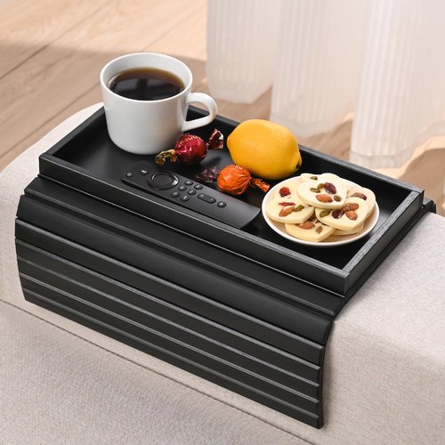 YUBAMIN Bamboo Sofa Arm Tray, Anti-Dropping Couch Arm Tray, Foldable Sofa Armrest Tray Couch Arm Table for Eats, Drinks, Snacks, Remote, Cellphone, Cup Holder, Back Anti-Slip Pad Design