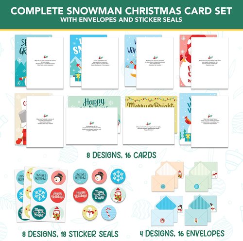 Decorably 16 Pack Christmas Cards - 5x7in Snowman Designs with Envelopes & Stickers for Holiday Greetings
