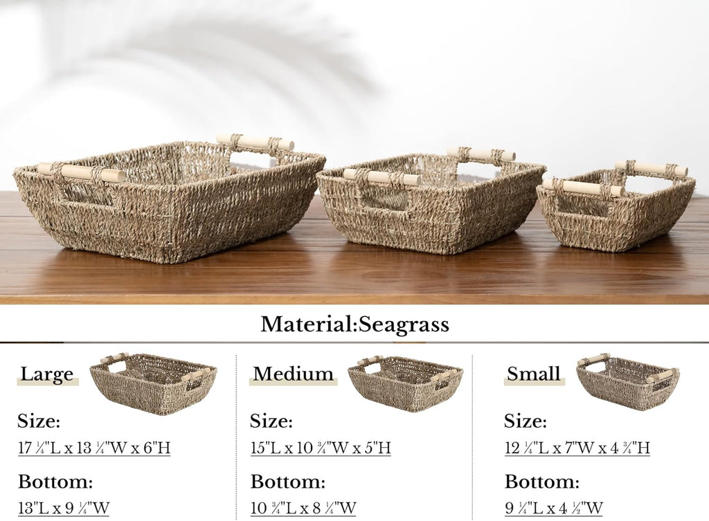 StorageWorks Small Seagrass Baskets - Woven Design with Wooden Handles | 2-Pack for Organizing Gifts