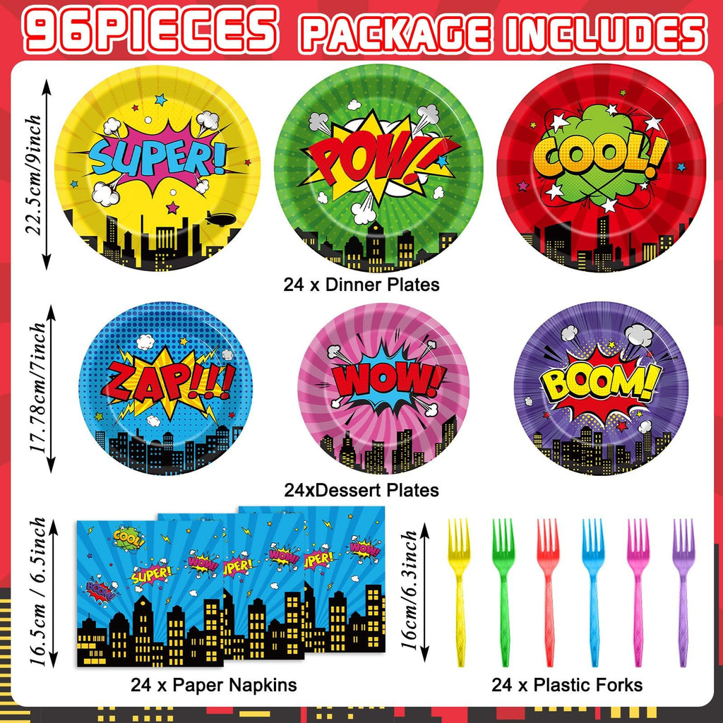 96Pcs Super Theme Hero Party Plates and Napkins Forks for Comic Heroes Birthday Decorations Hero's Action Sign Cityscape Buildings Tableware Set for 24 Guests Birthday Party Supplies Favors