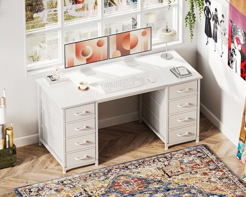 Casaottima 48 Inches Computer Desk with 8 Fabric Drawers, Modern Office Desk with Large Storage for Home Office, Study, White