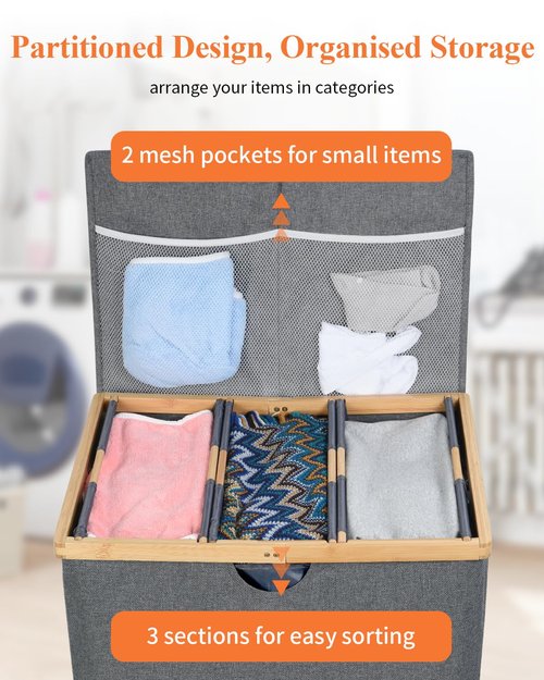 OTraki 3 Section Laundry Hamper with Lid, 150L Clothes Hampers for Laundry with Bamboo Handles and Removable Bag, Large Foldable Laundry Basket for Bedroom, Bathroom, Dorm, Laundry Room, Grey