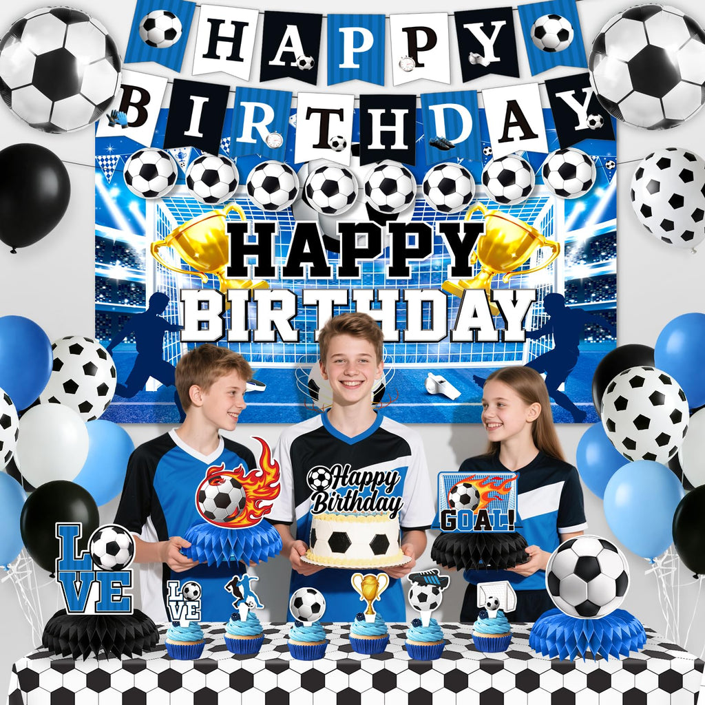 Soccer Birthday Party Decorations, 44Pcs Soccer Party Decorations with Happy Birthday Backdrop Tablecloth Foil & Latex Balloons and Cake Toppers Honeycomb Centerpieces for Boys’ Sports Party Supplies