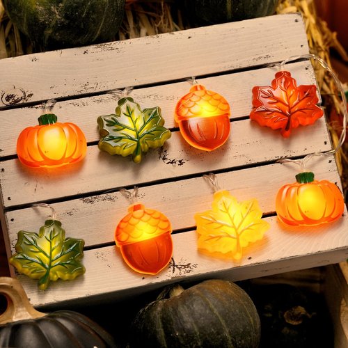 LOLStar Fall Decor Lights, 9.8FT 20 LED Thanksgiving String Lights, Battery Operated (Not Included) with Timer Function and 8 Flash Modes, Pumpkin, Maple Leaf, Acorn Light for Autumn Home Indoor Decor
