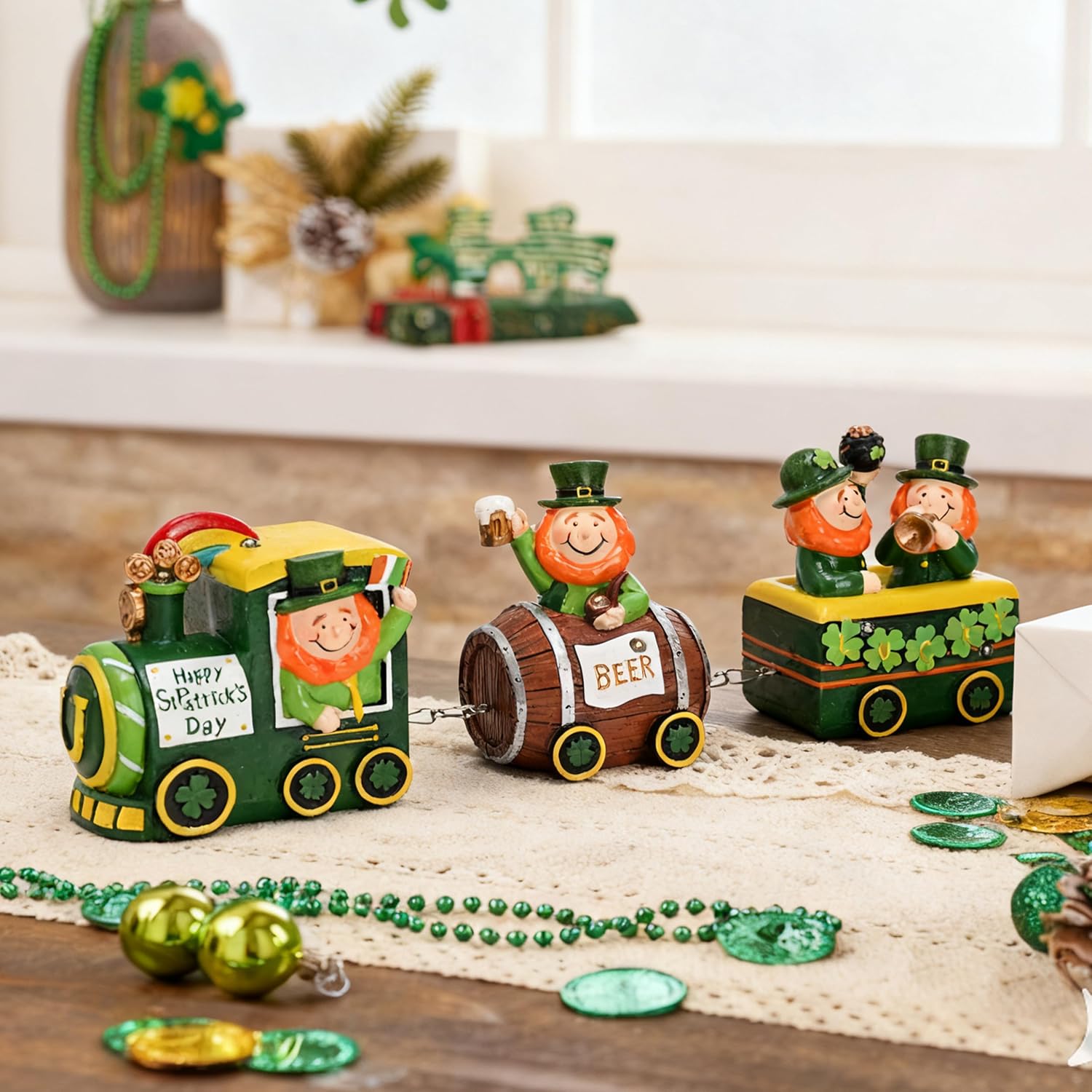 Valery Madelyn St. Patrick's Day Decorations - Lighted LED Train & Leprechaun with Shamrock Pot of Gold | Festive Table Centerpiece