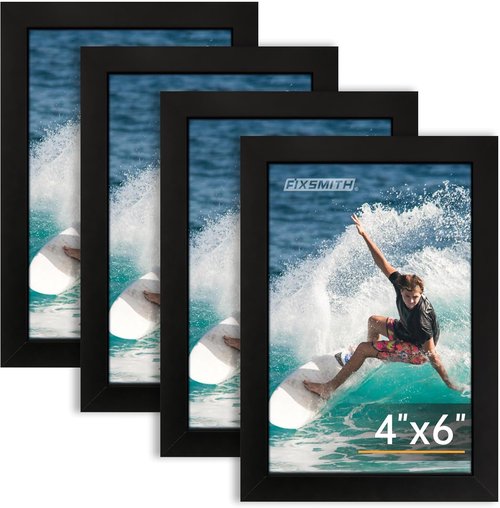 FIXSMITH 4x6 Picture Frame Set - Set of 4 HD Plexiglass Frames for Wall or Tabletop Display - Black