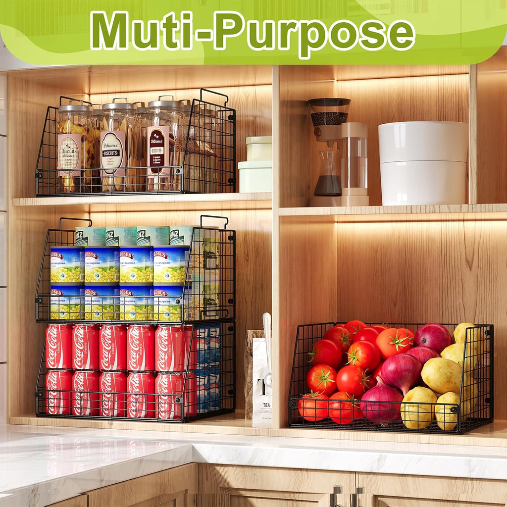 Skiennix XXL Stackable Wire Storage Baskets - Extra Large Pantry Organizer for Fruits, Vegetables & Snacks