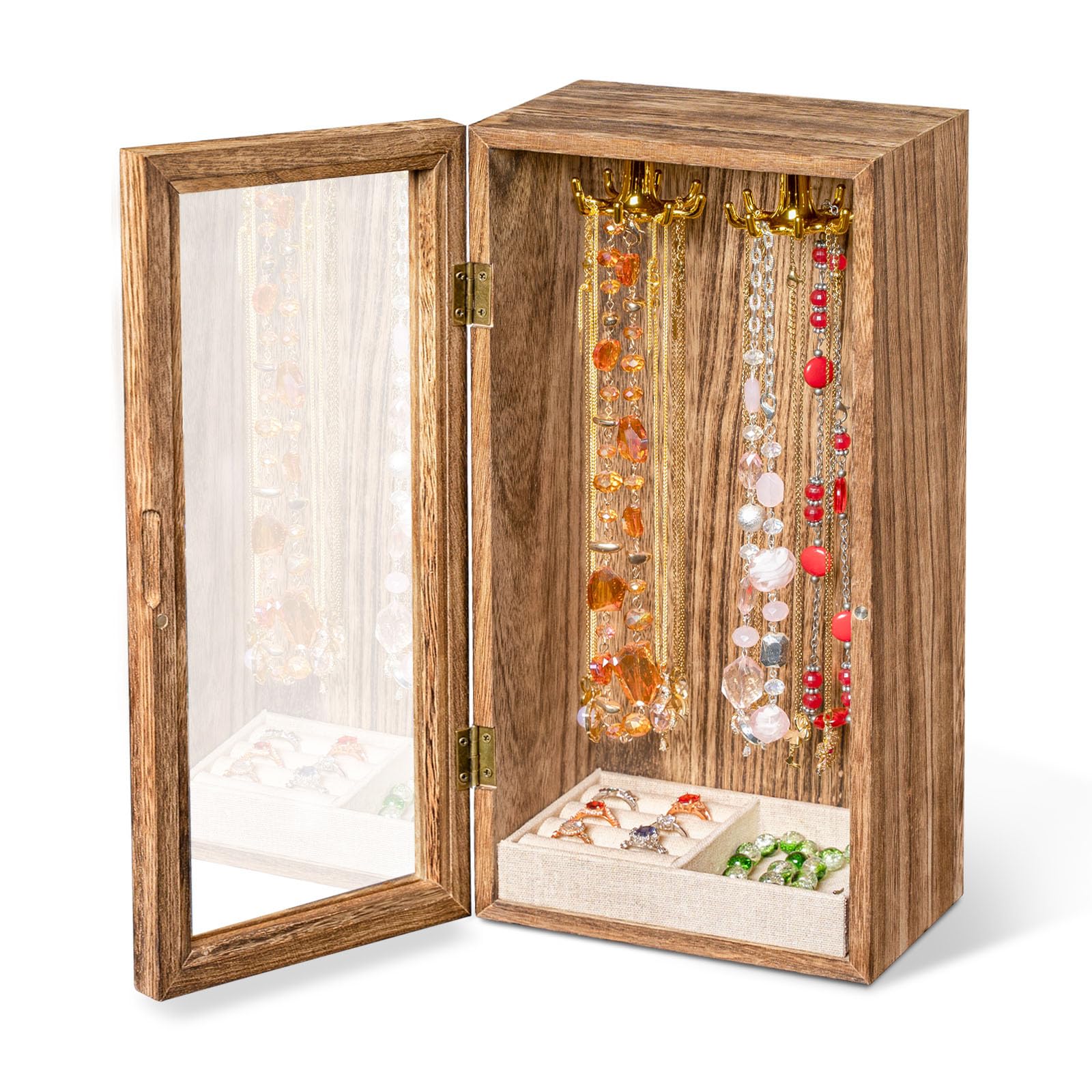 SINGLBA Necklace Holder Organizer, Wooden Jewelry Box for Women Girls, Rotatable Jewelry Organizer Case with Ring Tray Display & Storage for Necklaces Bracelets Rings Earrings, Gifts for Women Her