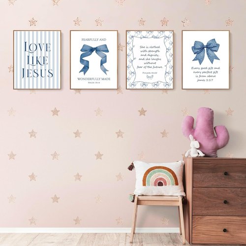 LARTSFRO Coquette Navy Blue Bow Wall Art - Inspirational Christian Decor for Teen Girls | Set of 4 Unframed 10x8 Inch Posters