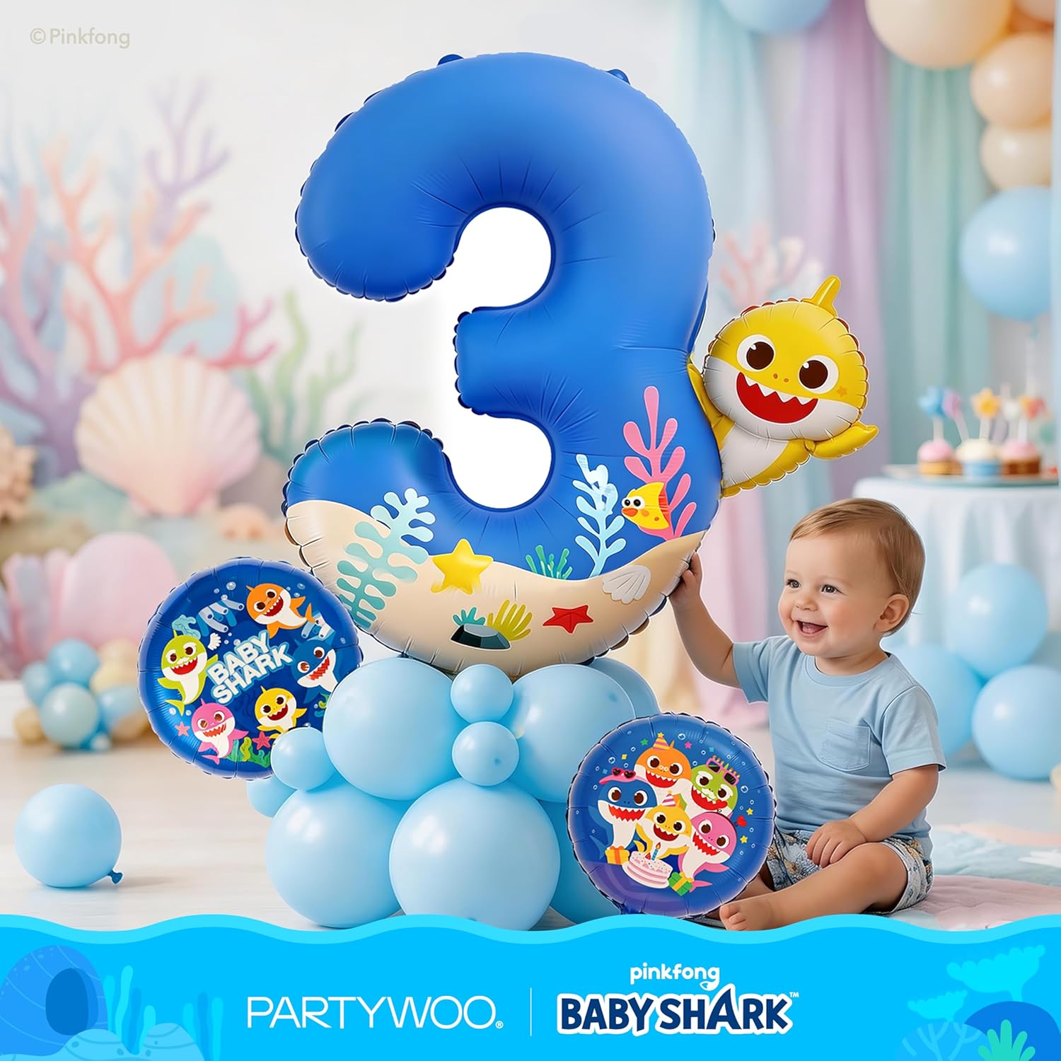 Baby Shark | PartyWoo 40-Inch Blue Foil Number 3 Balloon - Mylar Helium Birthday Decoration for Kids