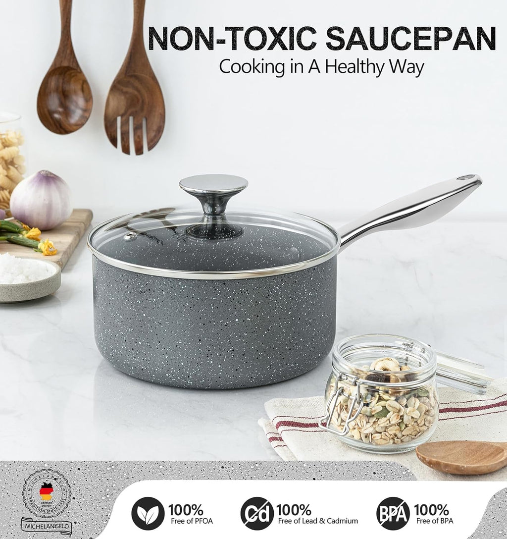 MICHELANGELO Nonstick Sauce Pan with Lid - 1 Quart Granite Cookware with Stainless Steel Handle | Grey