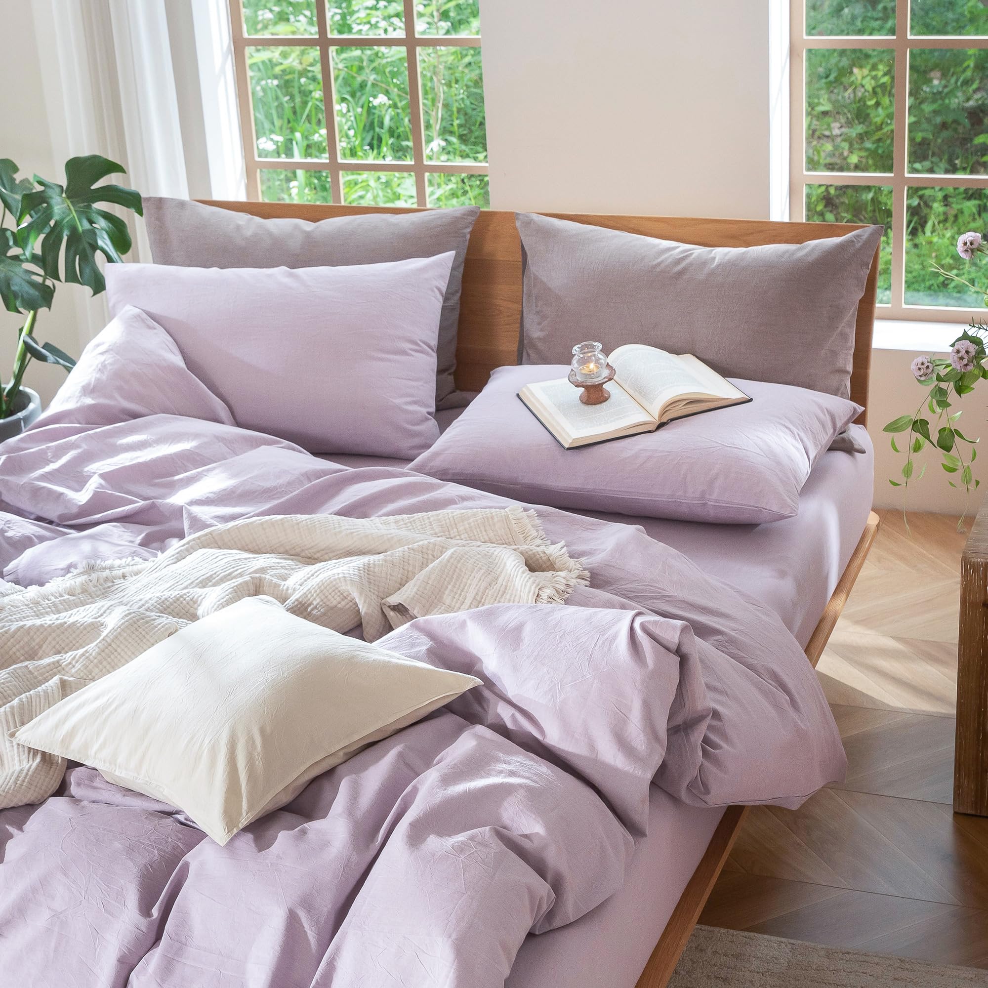 MooMee Bedding Pillowcases Pack of 2 100% Washed Cotton Linen Like Textured Breathable Durable Soft Comfy (Heathered Light Purple, Standard)