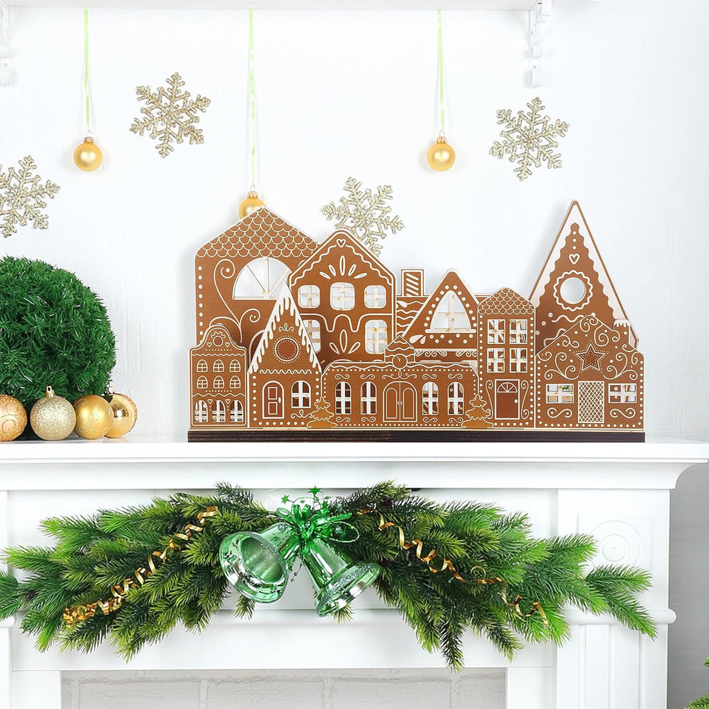 Rossesay Gingerbread House Tabletop Decorations - Light-Up Wooden Christmas Village Centerpiece | Rustic Farmhouse Decor
