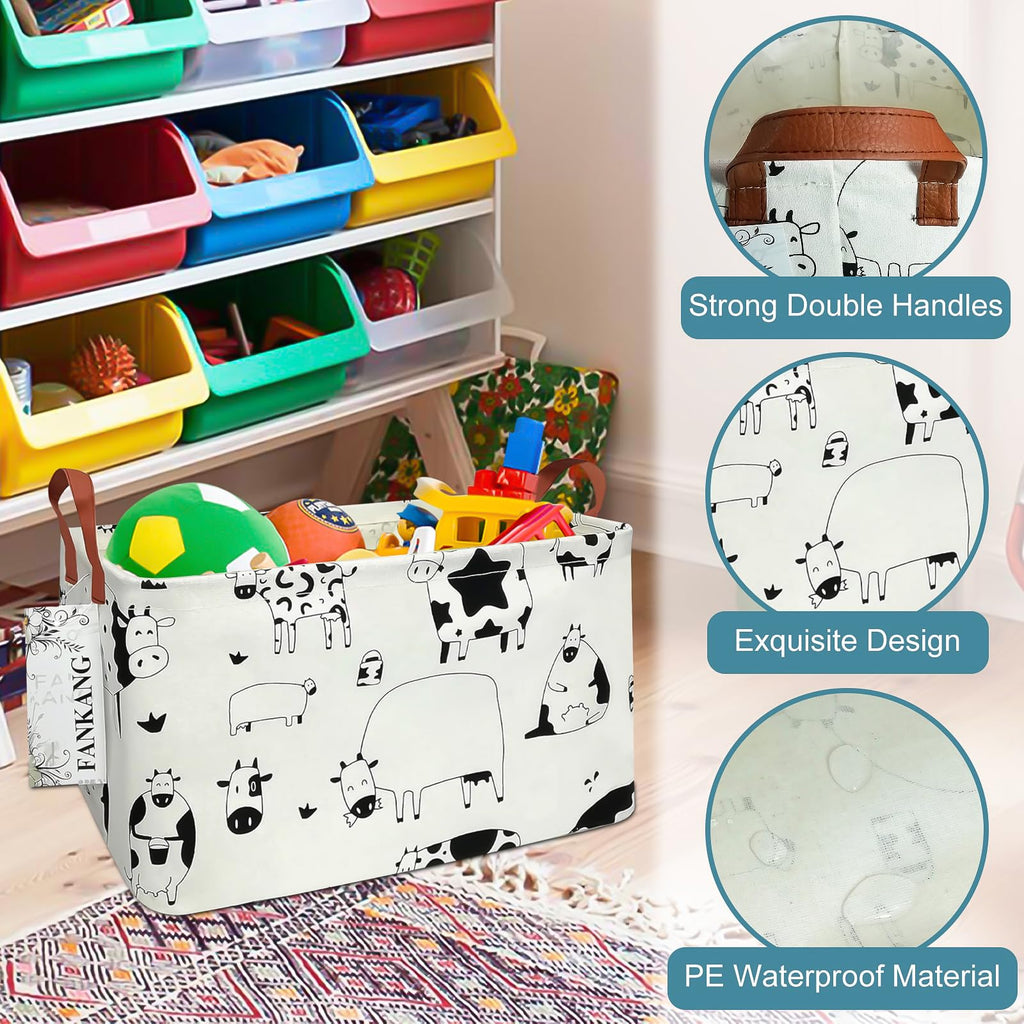 FANKANG Storage Basket,Nursery Hamper Canvas Laundry Basket Foldable with Waterproof PE Coating Storage, Office, Bedroom, Clothes,Toys(L, Rec-cows)