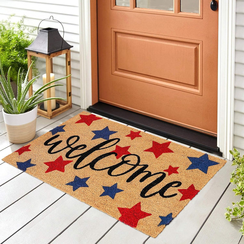 Whaline Patriotic Coir Door Mat - Non-Slip 4th of July Welcome Mat | Red & Blue Star Design, 16.5 x 29 Inch