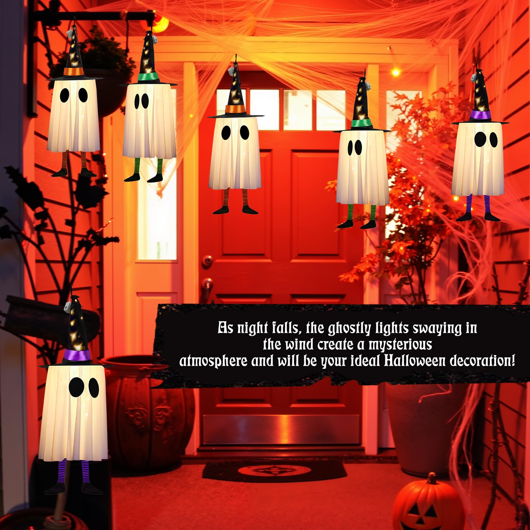 Halloween Decorations Outdoor,Set of 3 Halloween Hanging Decor with Cone Caps, Multiple Lighting Effects, Cute Lighted Glowing Spirits Pointed Hat for Yard Tree Porch Party Decor