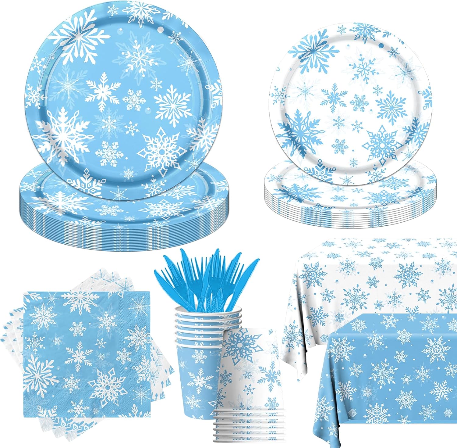 Skiennix Winter Snowflake Party Set - 142 Pcs Paper Plates, Napkins, Cups & Tablecloth | Blue & White