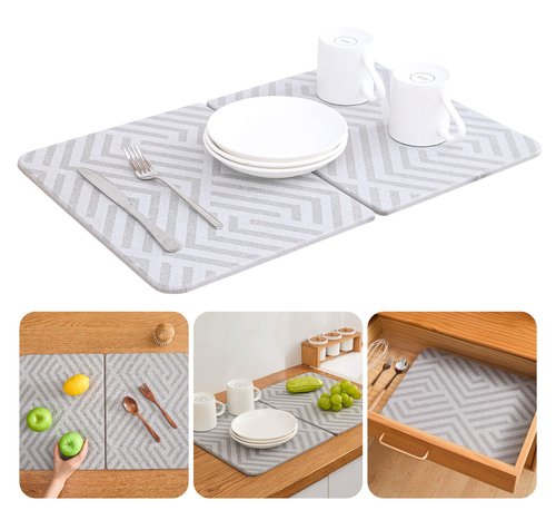 Chef’s Path Dish Stone Drying Mat - 23.6x15.4in Geometric Print Bi-fold Kitchen Mat - Quick Drying and Ultra Absorbent Diatomaceous Earth and Quartz Dish Drying Mat with Non Slip Pad and Sandpaper
