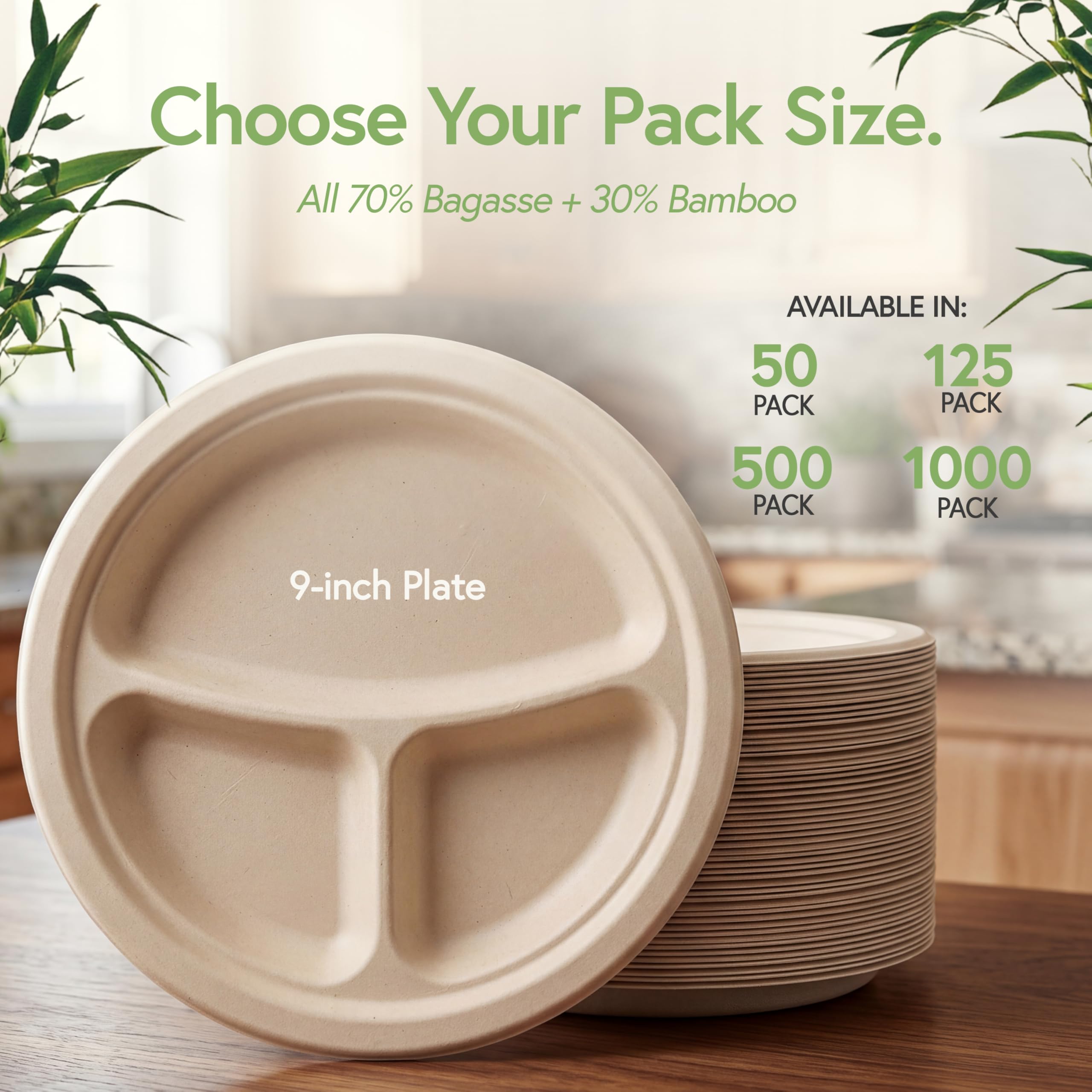 Jenvita Bamboo Paper Disposable Plates with Compartment (500-Pack, 9-inch) - Sturdy & Microwave Safe | Disposable Sectioned Plates | PFAS Free, Biodegradable | FSC Certified Alternative to Plastic