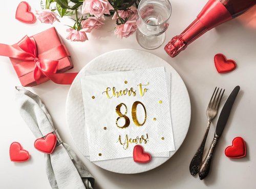 Cheers to 80 Years Cocktail Napkins - 50-Pack 3-Ply Napkins for 80th Birthday & Anniversary Celebrations | 5 x 5 Inch (White)