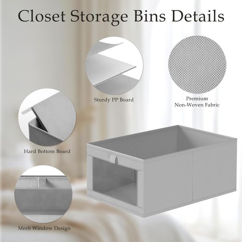 Criusia Linen Closet Organizers - 4 Pack Large Foldable Storage Baskets for Towels, Clothing & More | Grey