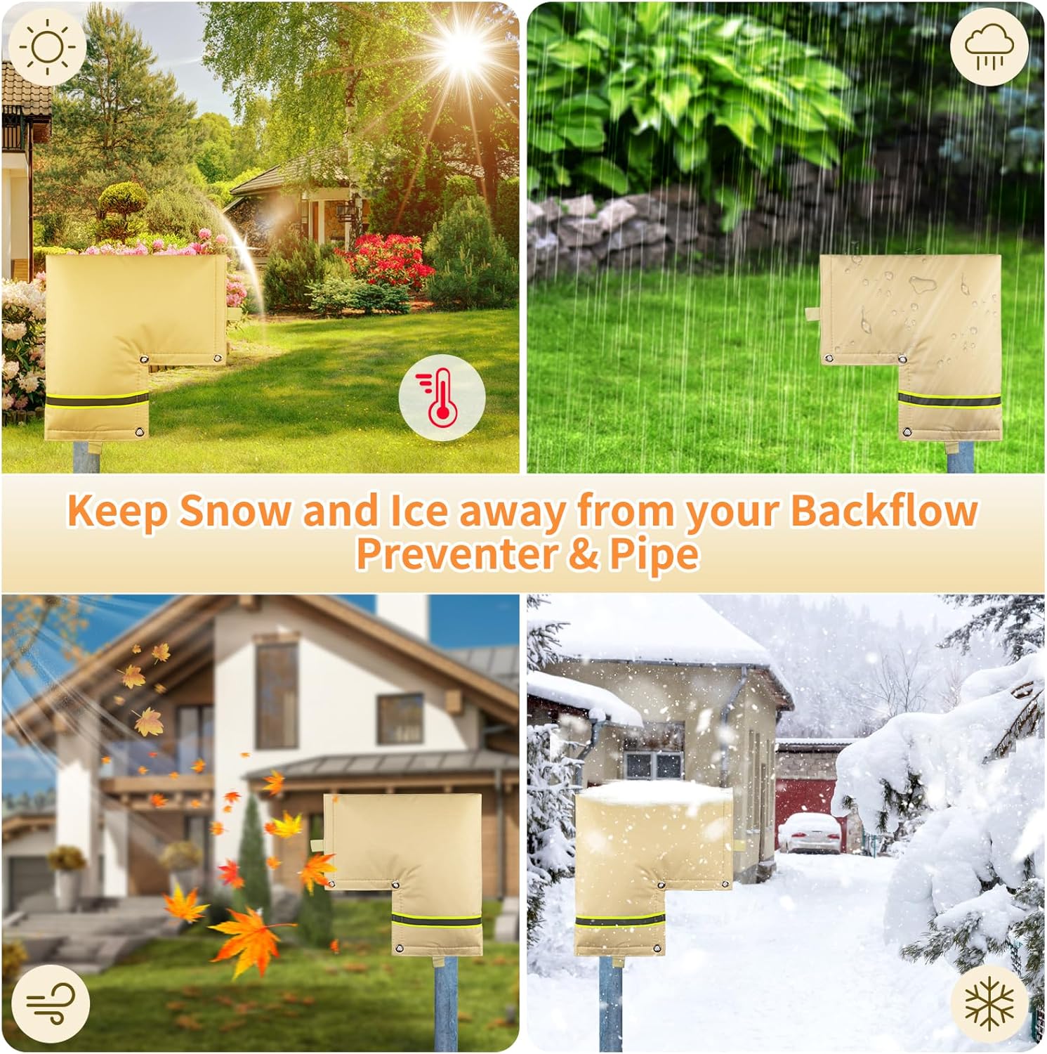 Outdoor Backflow Preventer Cover - Insulated Pouch for Freeze Protection | Beige, 14”W X 13”H
