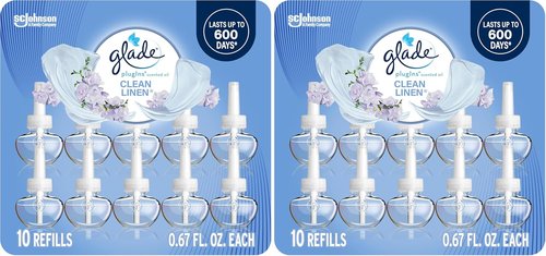 Glade PlugIns Refills Air Freshener - Clean Linen Scented Essential Oils | 6.7 Fl Oz, 10 Count (Pack of 2)