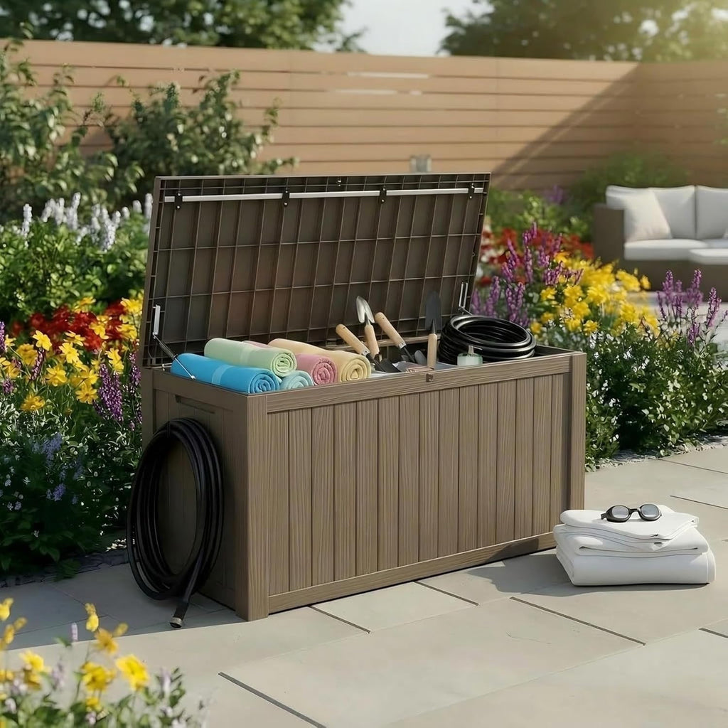 180 Gallon Resin Deck Box - Lockable Waterproof Storage for Patio Furniture & Garden Tools | All-Weather Wood Grain Design