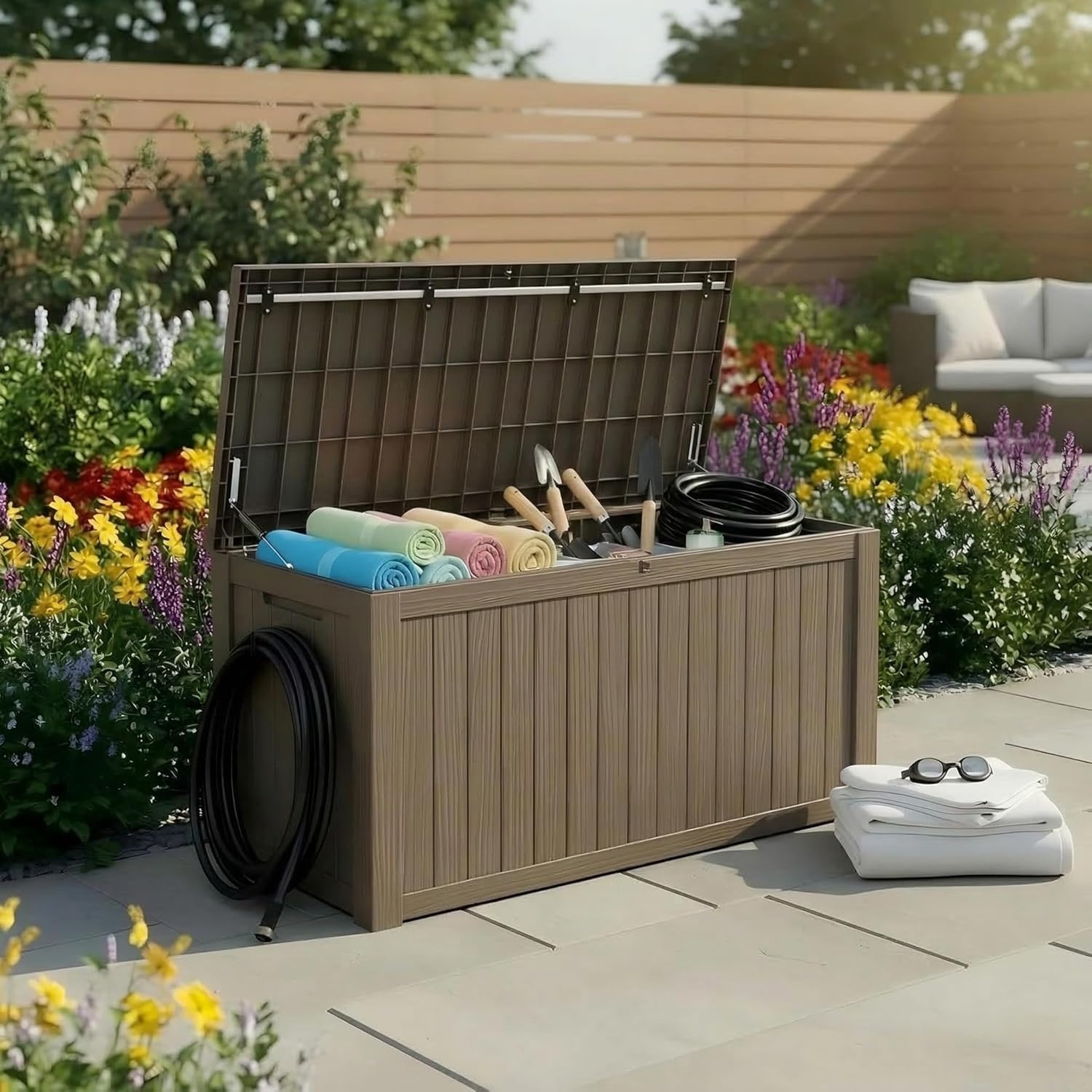 180 Gallon Resin Deck Box - Lockable Waterproof Storage for Patio Furniture & Garden Tools | All-Weather Wood Grain Design