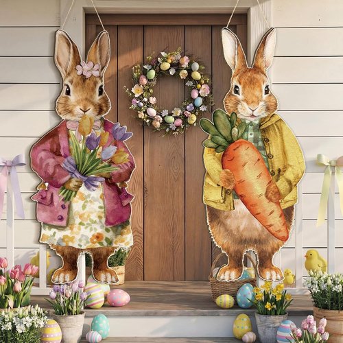 Anglechic Large Easter Bunny Door Sign - 12.1 x 29.3 Inch Wooden Decor with Floral Carrot | Farmhouse Style for Front Door
