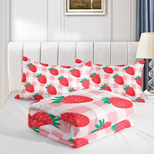 Datura home Kawaii Strawberry Comforter Bedding Set for Girls ,Pink Grid Pattern Bedding Set with 1 Comforter and 2 Pillowcases for Girls Bedroom All Season(Strawberry Full) Full 80x90inches