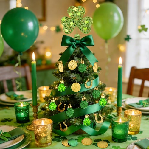 25 Pcs St. Patrick's Day Mini Tree Topper Ornaments Set, Miniature Irish Shamrock Tree Topper Hanging Clover Gold Coins, Irish Green Metal Glitter Tree Decorations for Party Supplies