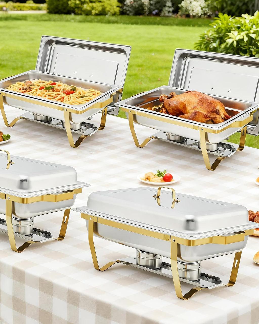 Garvee Chafing Dishes for Buffet Set of 2, 8QT Buffet Servers and Warmers Set with Lid & Foldable Frame, Rectangular Stainless Steel Chafer Food Warmer for Parties Wedding Catering Supplies, Gold