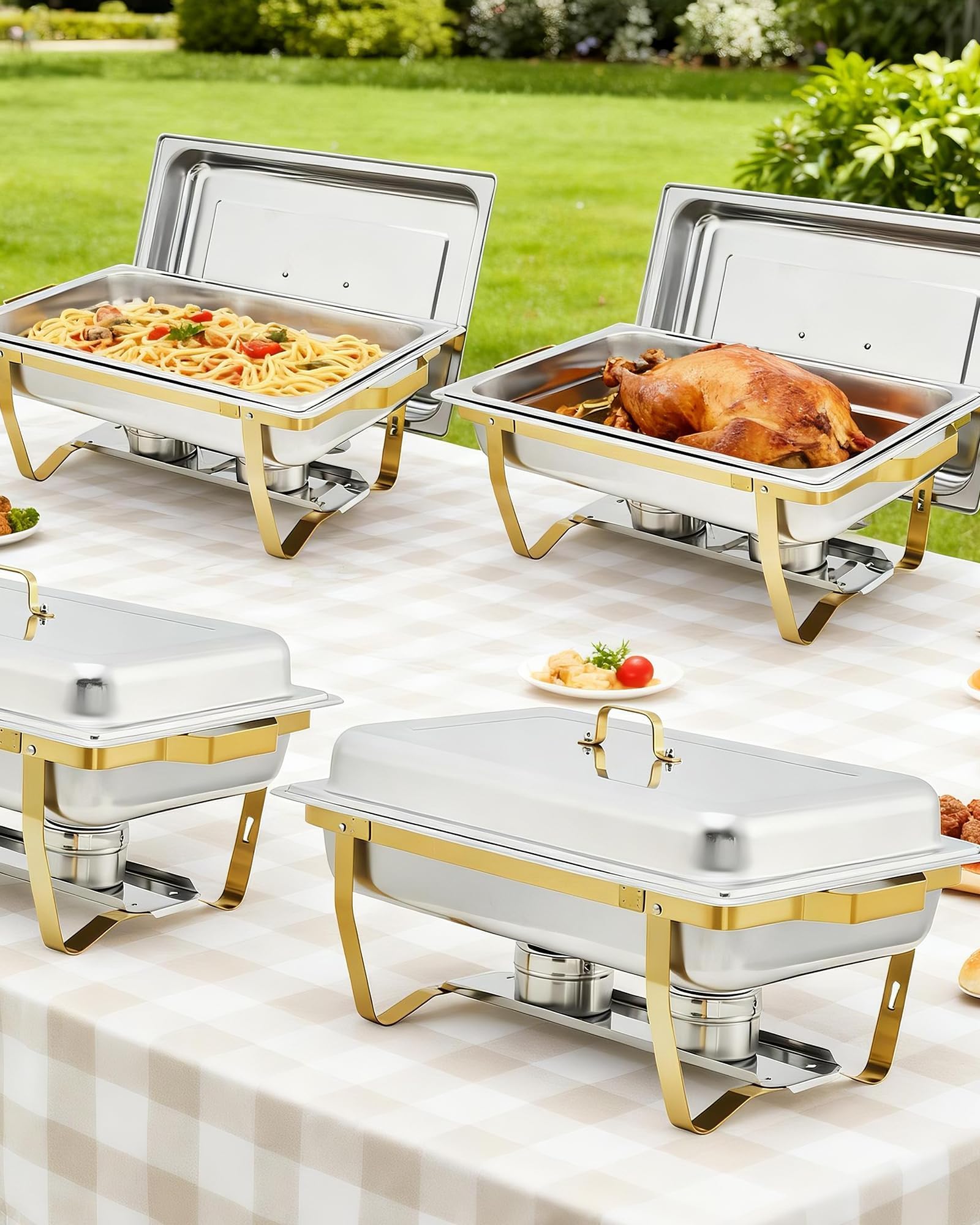 Garvee Chafing Dishes for Buffet Set of 2, 8QT Buffet Servers and Warmers Set with Lid & Foldable Frame, Rectangular Stainless Steel Chafer Food Warmer for Parties Wedding Catering Supplies, Gold