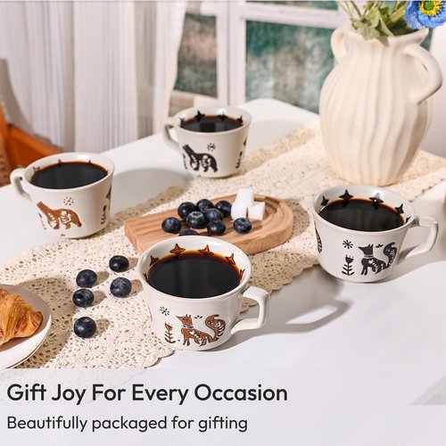 LINVIA Ceramic Coffee Mug, 12 oz Small Novelty Unique Teacup with Handle, Stoneware Cup for Tea Mocha Latte Cappuccino (Set of 2, Fox and Bear)