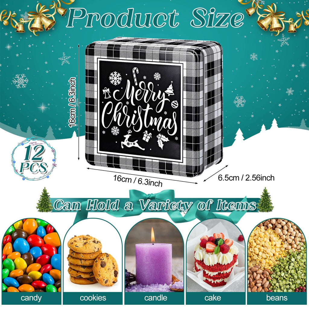 Tandefio 12 Pcs 6.3'' Christmas Cookie Tins Large Cookie Tins with Lids Square Baking Jars for Gift Giving Black and White Plaid Metal Container Holiday Empty Box for Xmas Candy Treat Storage