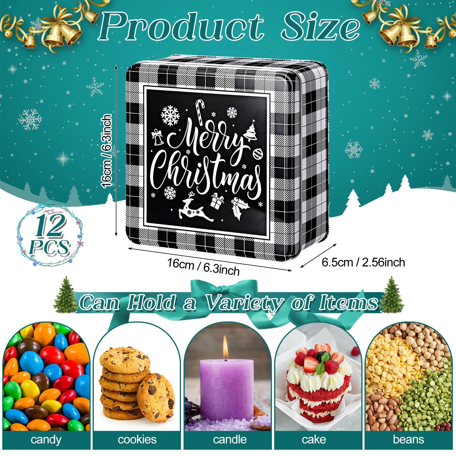 Tandefio 12 Pcs 6.3'' Christmas Cookie Tins Large Cookie Tins with Lids Square Baking Jars for Gift Giving Black and White Plaid Metal Container Holiday Empty Box for Xmas Candy Treat Storage