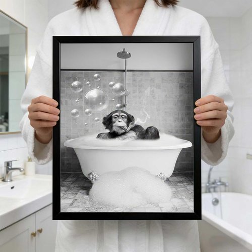 Chimpanzee Art by Framed | Fun Black and White Bathroom Canvas | Retro Animal Decor 8x10 Inches