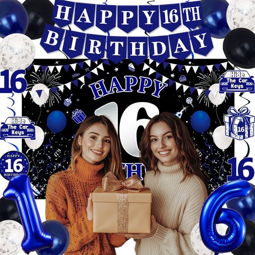 16th Birthday Decorations for Boys Girls, Blue Black Happy 16th Birthday Party Decorations, Happy 16th Birthday Backdrop, 16 Foil Balloons, Banner, Balloons, Hanging Swirls, Birthday Cards Set 45pcs