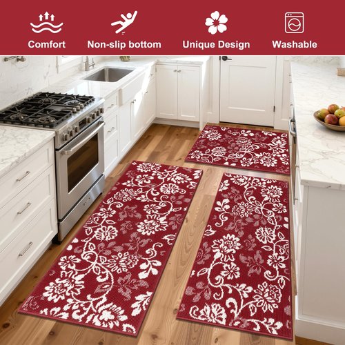 LOKHOM Christmas Kitchen Rugs Sets of 3, Non Slip High-Low Textured Red Kitchen Mats for Floor with Rubber Backing, Paisley Floral Washable Carpet Runner for Hallways Sink Holiday Decor (Red & White)